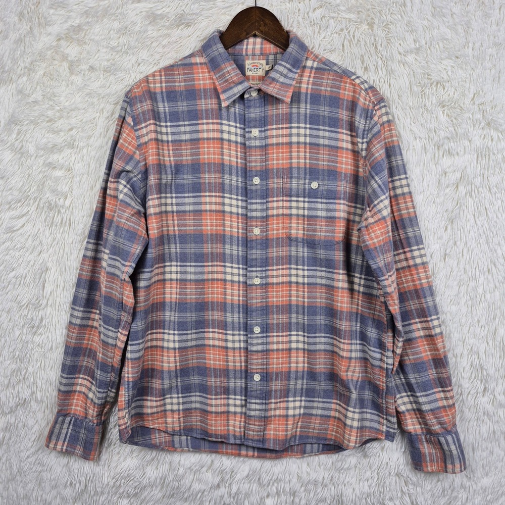 Faherty Brand Mens Organic Cotton Plaid Flannel Shirt Blue Orange L Sustainable